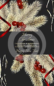 Banner with detailed christmas tree and red rinnon on dark background