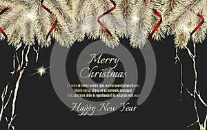 Banner with detailed christmas tree and red rinnon on dark background