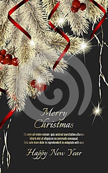 Banner with detailed christmas tree and red rinnon on dark background