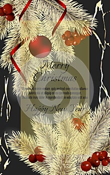 Banner with detailed gold christmas tree, red rinnon and red ball on dark background