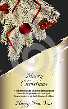 Banner with detailed gold christmas tree, red rinnon and red ball on dark background