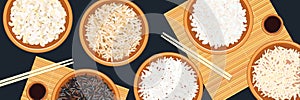 Banner with different types of rice in bowls. Basmati, wild, jasmine, long brown, arborio, sushi. chopsticks