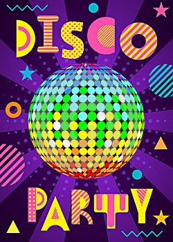 Banner for a Disco party in the retro style. Disco Ball with rays photo