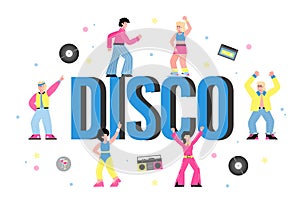 Banner for disco retro dance and music party flat cartoon vector illustration.