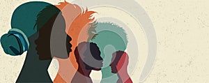 Banner Diversity multi-ethnic and multiracial people poster. Silhouette profile group of men and women of diverse culture. Equalit