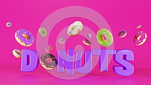 Banner for a Donut Bakery, 3d illustration. Donuts flying in the air, on a pink background. Falling Donuts
