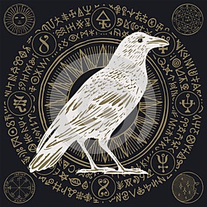 Banner with drawn white raven and sorcery signs