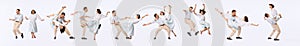 Banner with dynamic portraits of young beautiful couple, man and woman, dancing retro dances isolated over light
