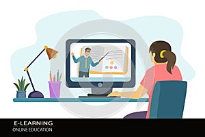 Banner e-learning online education, home study. Modern workplace male teacher on laptop screen. Woman watching online course, web