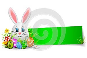 Banner with Easter bunny, brightly painted Easter eggs and flowers isolated - vector