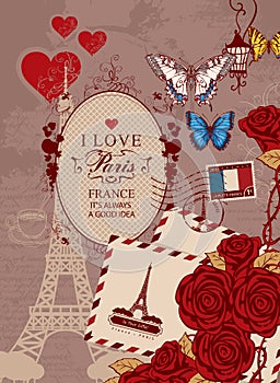 Banner with the Eiffel tower, roses and butterfly