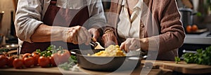 Banner with elderly couple cooking together in a kitchen, old hands close up, food ingredients on table