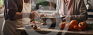 Banner with elderly couple cooking together in a kitchen, old hands close up, food ingredients on table