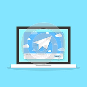 Banner of email marketing with laptop computer icon in flat style. Subscription to newsletter vector illustration on isolated