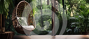 Banner empty wicker rattan hanging chair with pillows on terrace of an eco villa or eco hotel with view of jungle in