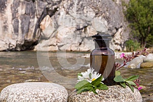 Banner of Essential oils in glass brown bottles - copy space