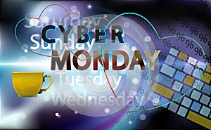 Banner for event Cyber monday sale. Technology vector art for your sale promotion. Keyboard for enter in a e-marketing. Press keyb