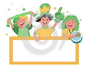 Banner with fans, text frame. Sports competitions and Olympics. Funny cartoon characters for advertising. Vector