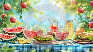 banner featuring a picnic table with summer foods like watermelon, sandwiches, salads, and lemonade perfect for outdoor