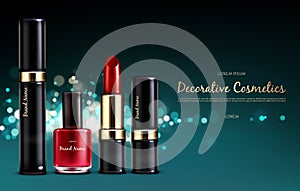 Banner with a female collection of makeup cosmetics