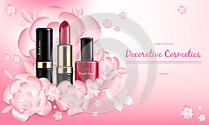 Banner with a female collection of makeup cosmetics