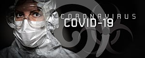 Banner of Female Doctor or Nurse In Medical Face Mask and Protective Gear With Coronavirus COVID-19 Text