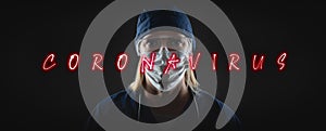 Banner of Female Doctor or Nurse In Medical Face Mask and Protective Gear With Coronavirus Text In Front