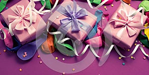 Banner Festive background of purple material colorful balloons streamers confetti three boxes gift Top view flat lay copy space to