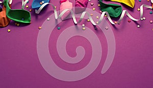 Banner Festive background of purple material colorful balloons streamers confetti Top view flat lay copy space