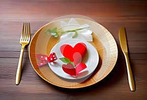 Banner. Festive table setting.Heart on a fork close-up. Holiday concept. Valentine\'s Day. Copy space for inscriptions