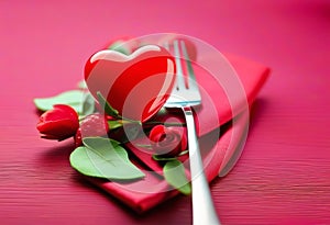 Banner. Festive table setting.Heart on a fork close-up. Holiday concept. Valentine\'s Day. Copy space for inscriptions