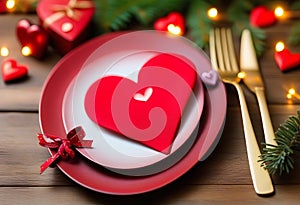 Banner. Festive table setting.Heart on a fork close-up. Holiday concept. Valentine\'s Day. Copy space for inscriptions