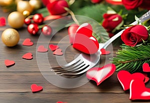 Banner. Festive table setting.Heart on a fork close-up. Holiday concept. Valentine\'s Day. Copy space for inscriptions