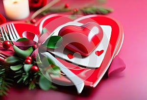 Banner. Festive table setting.Heart on a fork close-up. Holiday concept. Valentine\'s Day. Copy space for inscriptions