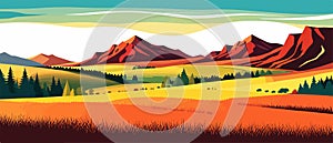 banner Field of spring flowers in the mountains lit by the morning sun vector illustration.