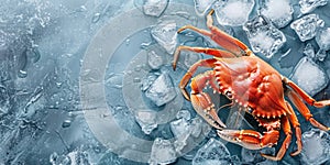 banner for fish market, fresh seafood, big red crab lying on crushed ice, ice cubes, food preservation, blue background