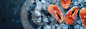 banner for fish market, fresh seafood, salmon steaks lying on crushed ice, ice cubes, food preservation, background,