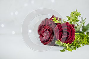 Banner with flower bouquet of red roses on isolated white background with copy space