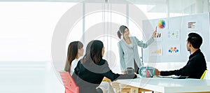 Banner focus beautiful Asian smiley businesswoman wearing suit, presenting business plan, coaching creative marketing idea in