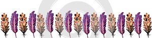 Banner frame in an ornament of bird feathers of brown and lilac flowers. watercolor hand technique, a great option for the design