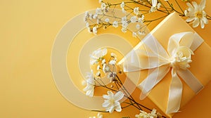 Banner frame, photo of a pastel yellow color gift with a white ribbon with flowers