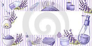 Banner frame violet stripes lavender flowers, essential oil, cosmetics, soap. Hand drawn watercolor illustration