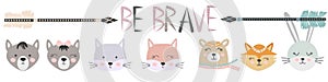 Banner Free, Wild, Brave with animals Cat, wolf, bear, fox, rabbit and feathers, arrows in the Scandinavian style.