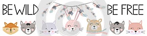 Banner Free, Wild, Brave with animals Cat, wolf, bear, fox, rabbit and feathers, arrows in the Scandinavian style. Children\'s set