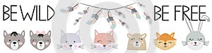 Banner Free, Wild, Brave with animals Cat, wolf, bear, fox, rabbit and feathers, arrows in the Scandinavian style. Children\'s set