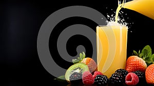 Banner with freshly squeezed orange juice and colorful fruits and berries