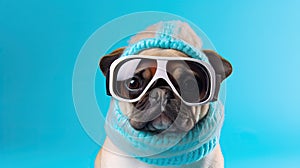 banner with a funny dog French bulldog in a hat and glasses, studio blue background, space for text