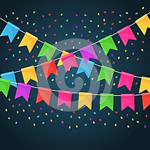 Banner with garland of colour festival flags and ribbons, bunting. Background for celebrate happy birthday party, carnaval, fair.