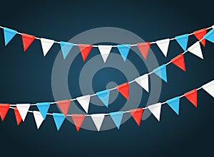 Banner with garland of colour festival flags and ribbons, bunting. Background for celebrate happy birthday party, carnaval, fair.