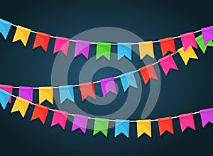 Banner with garland of colour festival flags and ribbons, bunting. Background for celebrate happy birthday party, carnaval, fair.